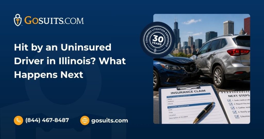 Illustration of a car accident scene in Illinois showing two vehicles after a collision, with insurance documents and a warning symbol representing an uninsured driver claim process and next steps after a crash.
