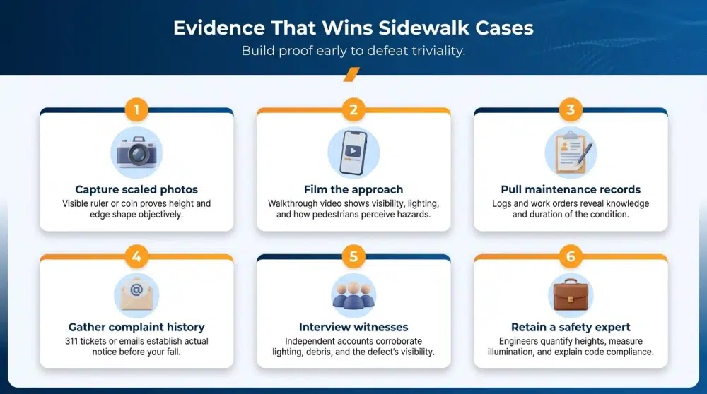 Infographic: Evidence That Wins Sidewalk Cases — Build proof early to defeat triviality