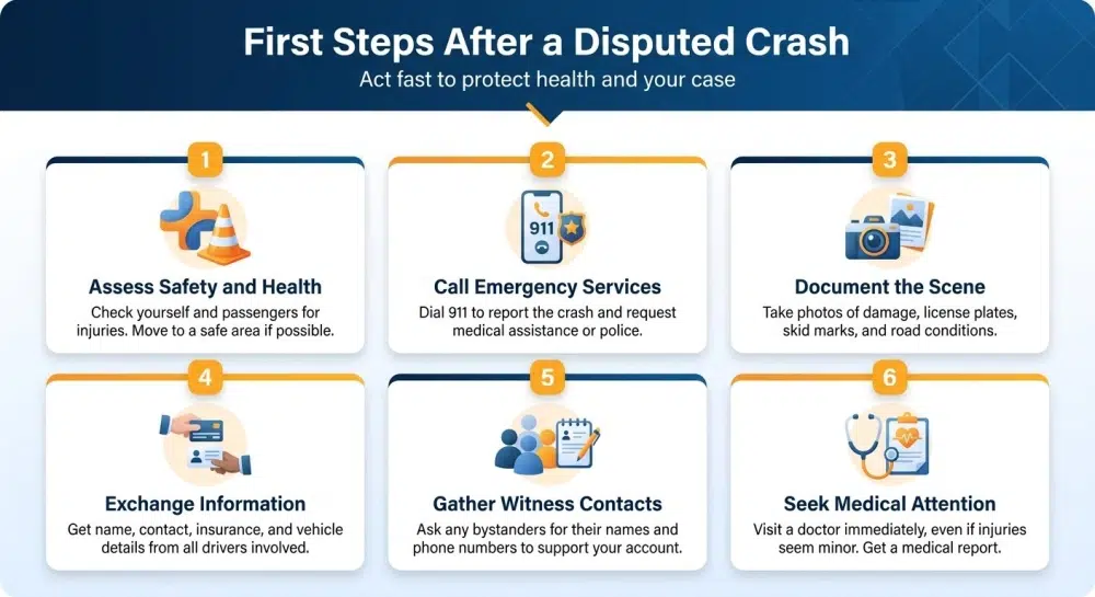 Infographic: First Steps After a Disputed Crash — Act fast to protect health and your case