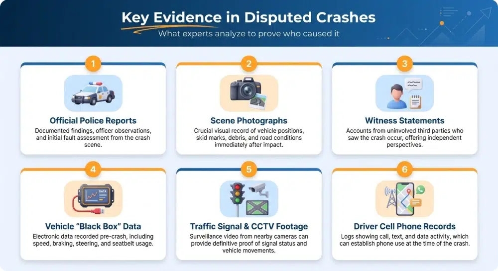 Infographic: Key Evidence in Disputed Crashes — What experts analyze to prove who caused it