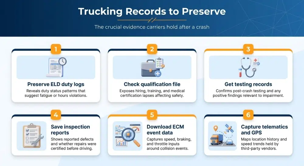 Infographic: Trucking Records to Preserve — ELD, qualification files, testing, inspection reports, ECM, telematics