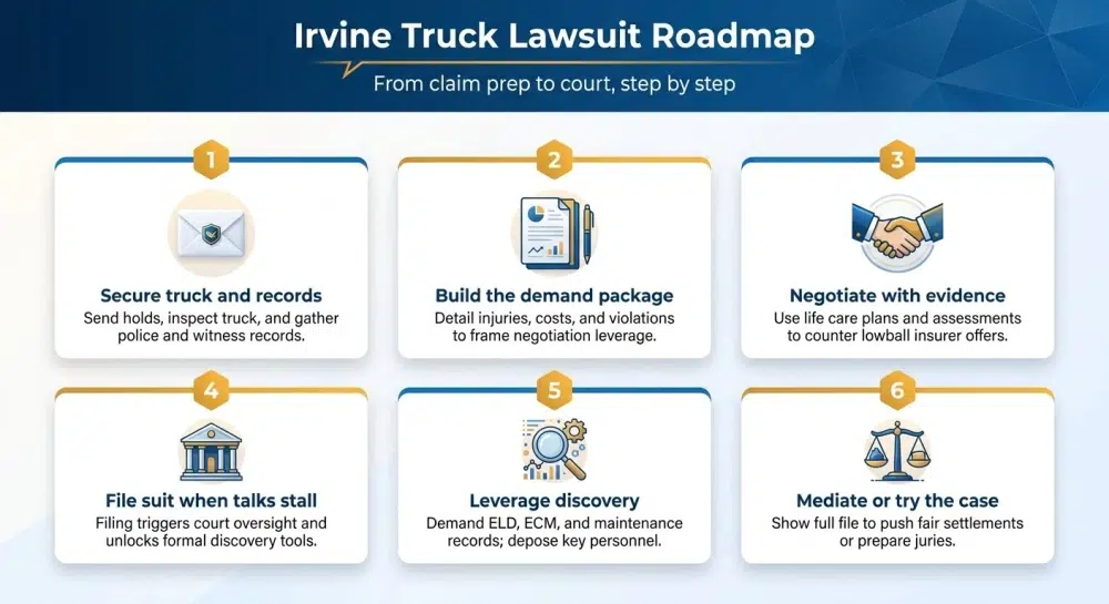 Irvine Truck Lawsuit Roadmap infographic: From claim prep to court, step by step