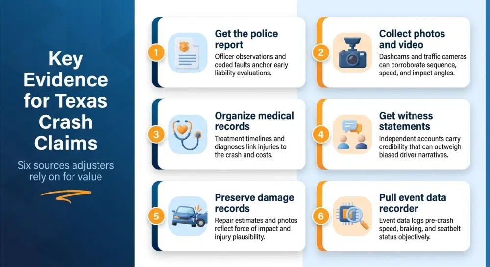 Key Evidence for Texas Crash Claims — Six sources adjusters rely on for value
