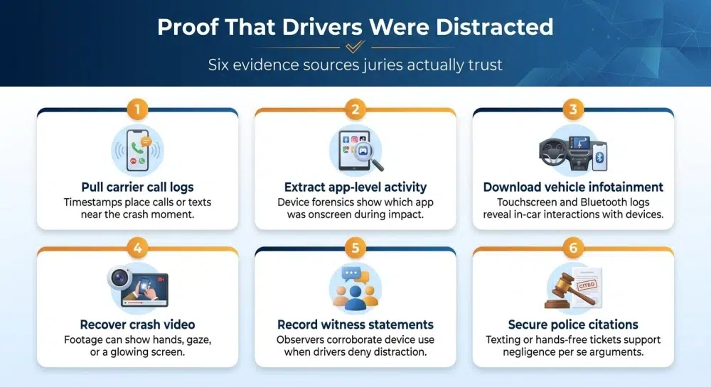 Proof That Drivers Were Distracted — infographic showing six evidence sources juries trust