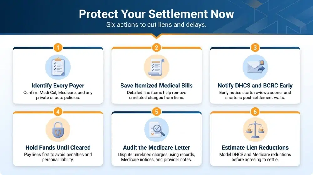 Protect Your Settlement Now infographic — six actions to cut liens and delays