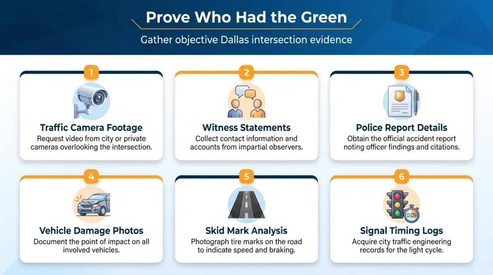 Prove Who Had the Green — Gather objective Dallas intersection evidence