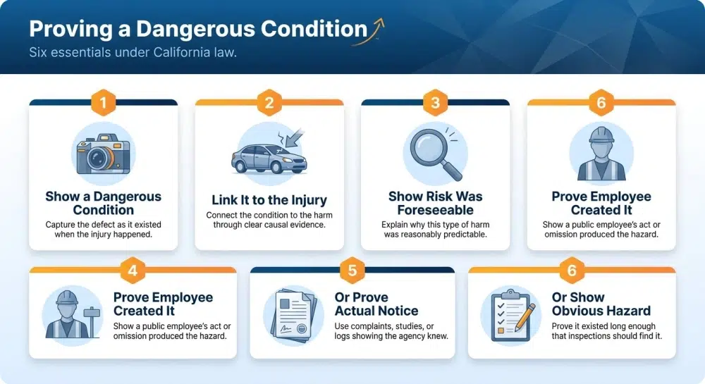 Proving a Dangerous Condition infographic — Gov. Code § 835 elements