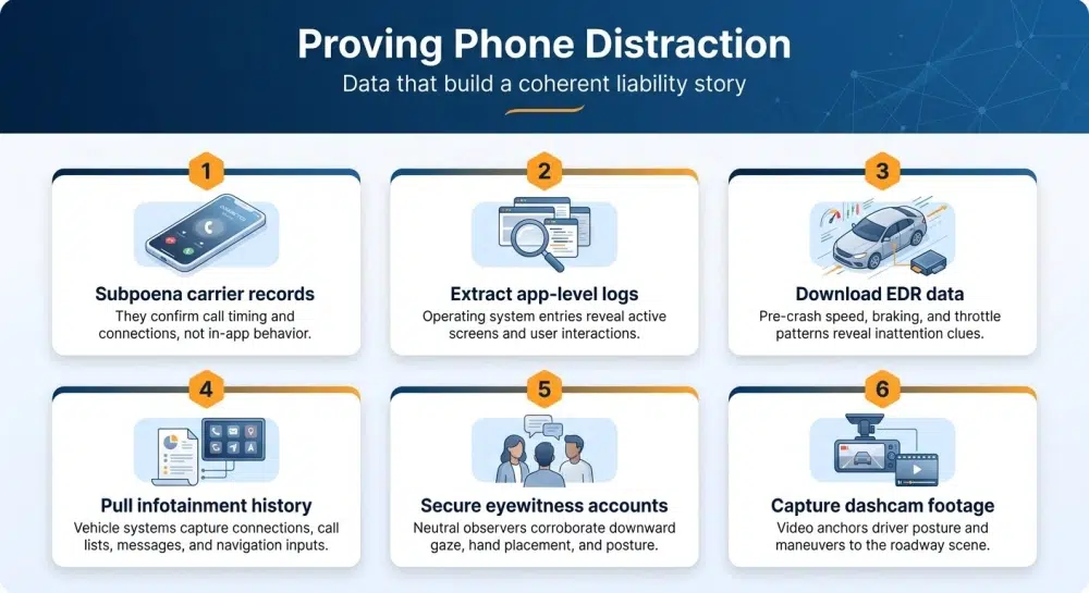 Proving Phone Distraction infographic - data sources that build a coherent liability story