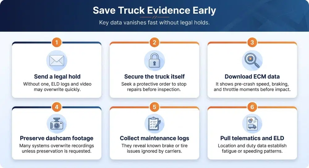Save Truck Evidence Early infographic: Early evidence preservation – Key data vanishes fast without legal holds.