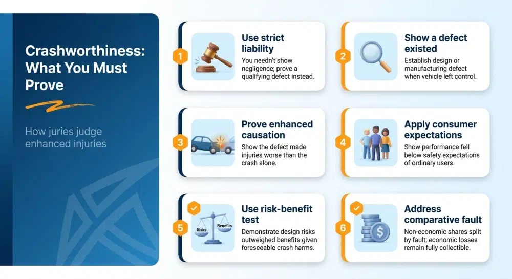 Crashworthiness: What You Must Prove infographic — How juries judge enhanced injuries
