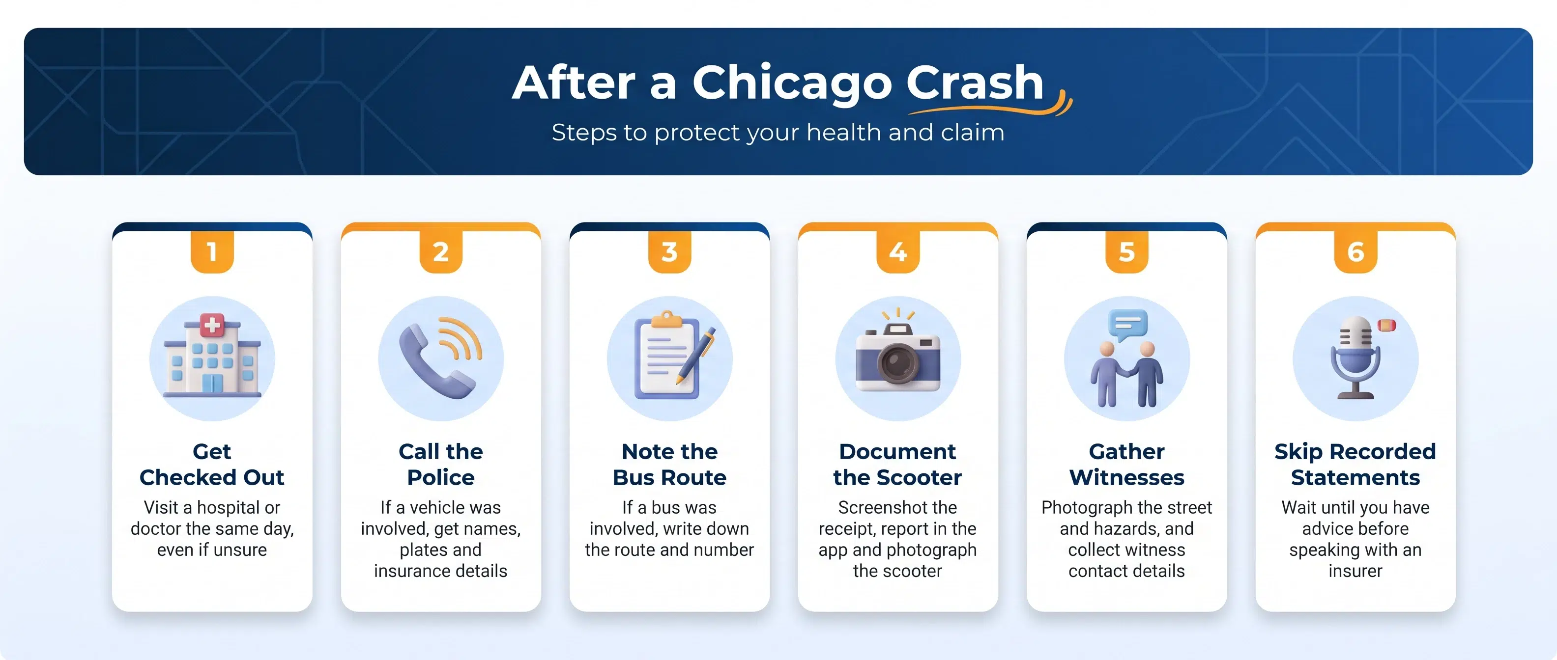 Six steps to take after a Chicago scooter or e-bike crash, from medical care to avoiding recorded statements