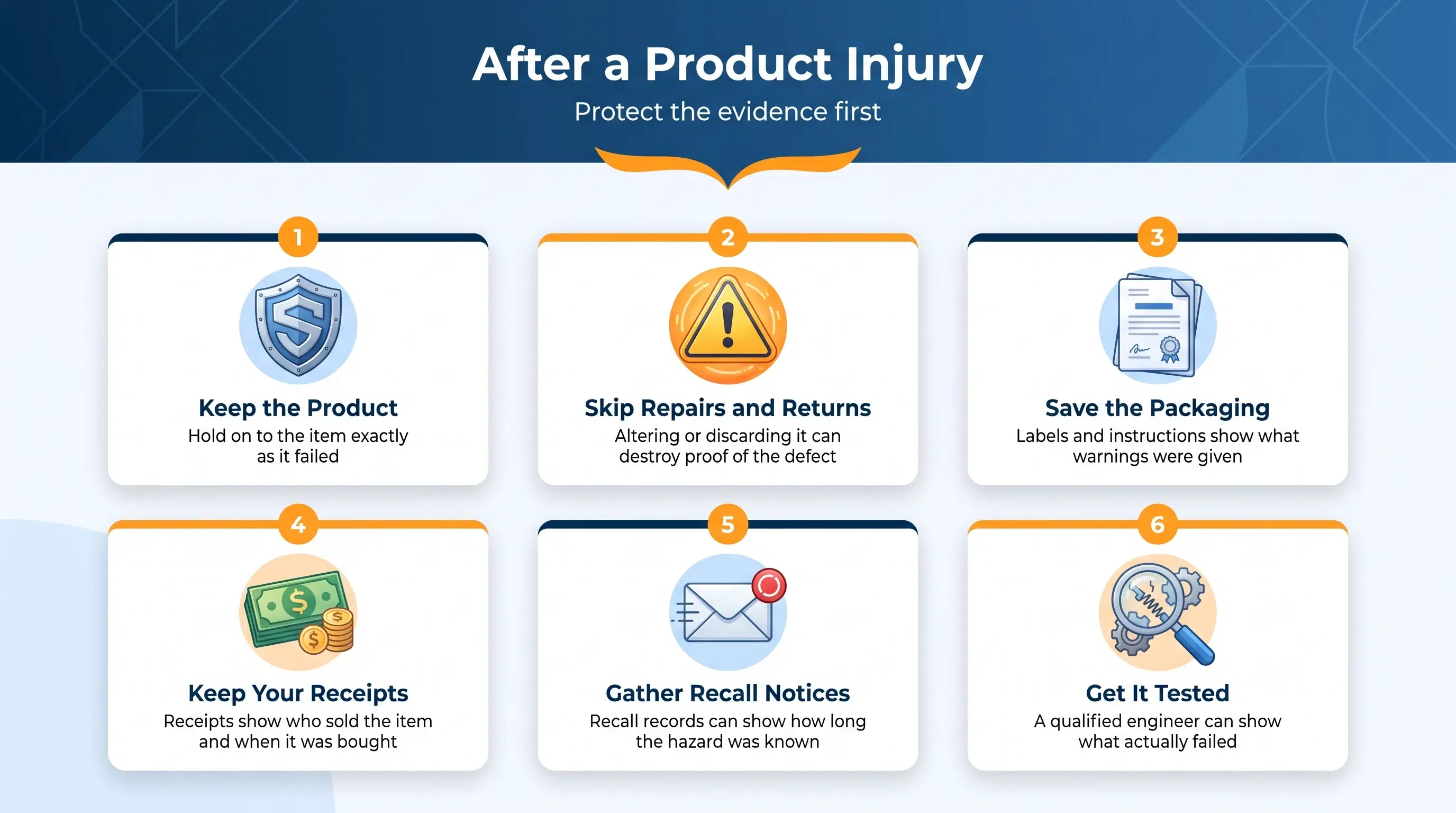 Protecting evidence after a Pasadena product injury: keep the product, skip repairs, save packaging, receipts and recall notices, get it tested