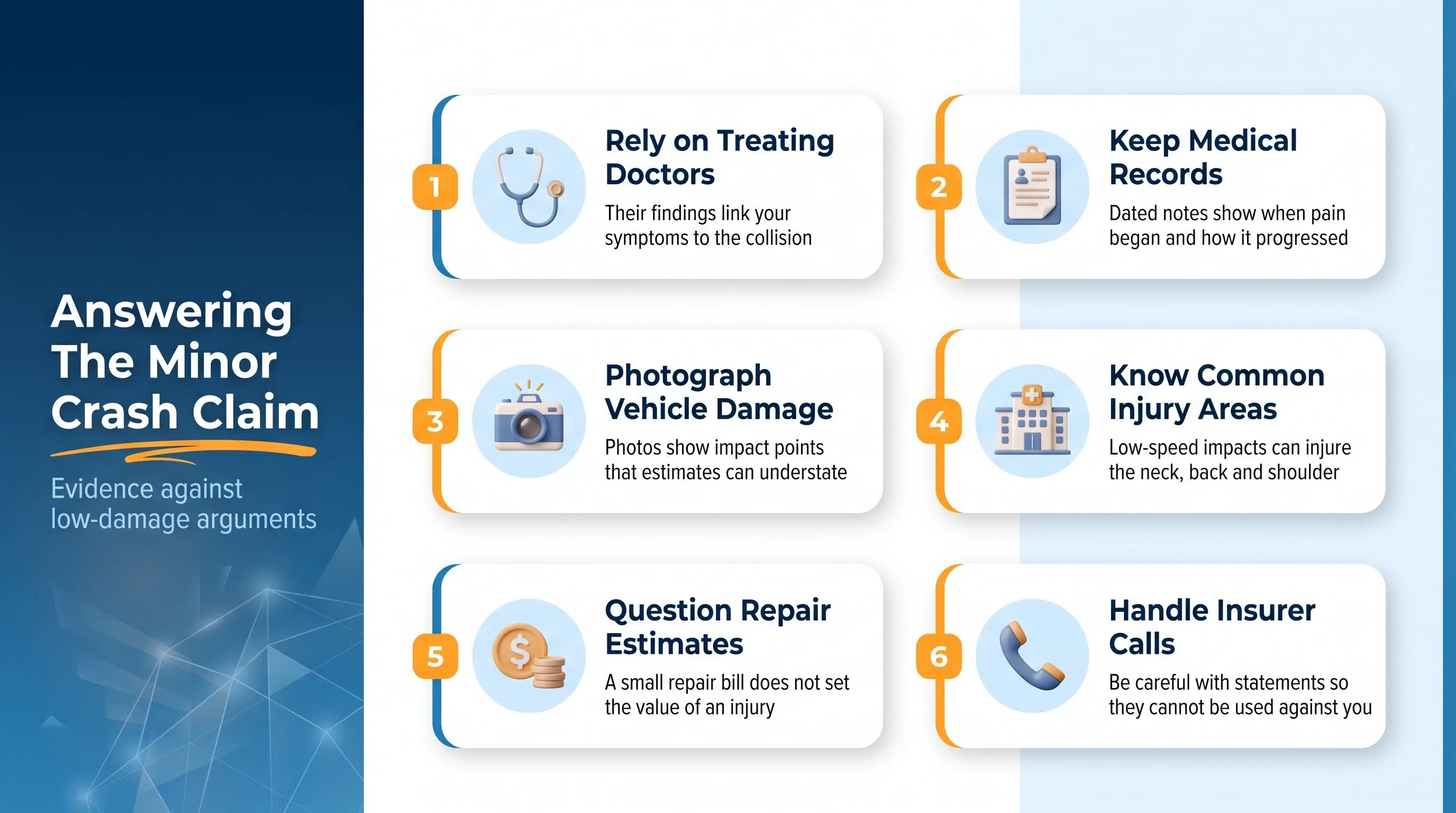 Six ways to answer an insurer's minor crash argument after a Fullerton collision, from treating doctors to repair estimates