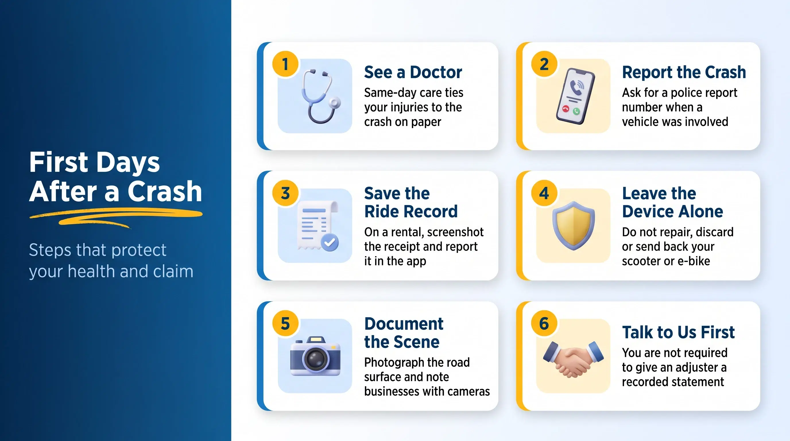 Six steps in the first days after a California scooter or e-bike crash, from seeing a doctor to talking to a lawyer
