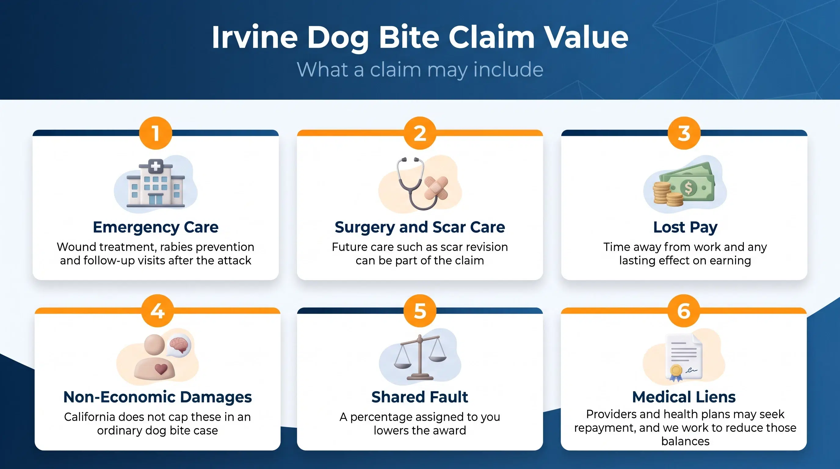 Six parts of an Irvine dog bite claim, from emergency care to medical liens