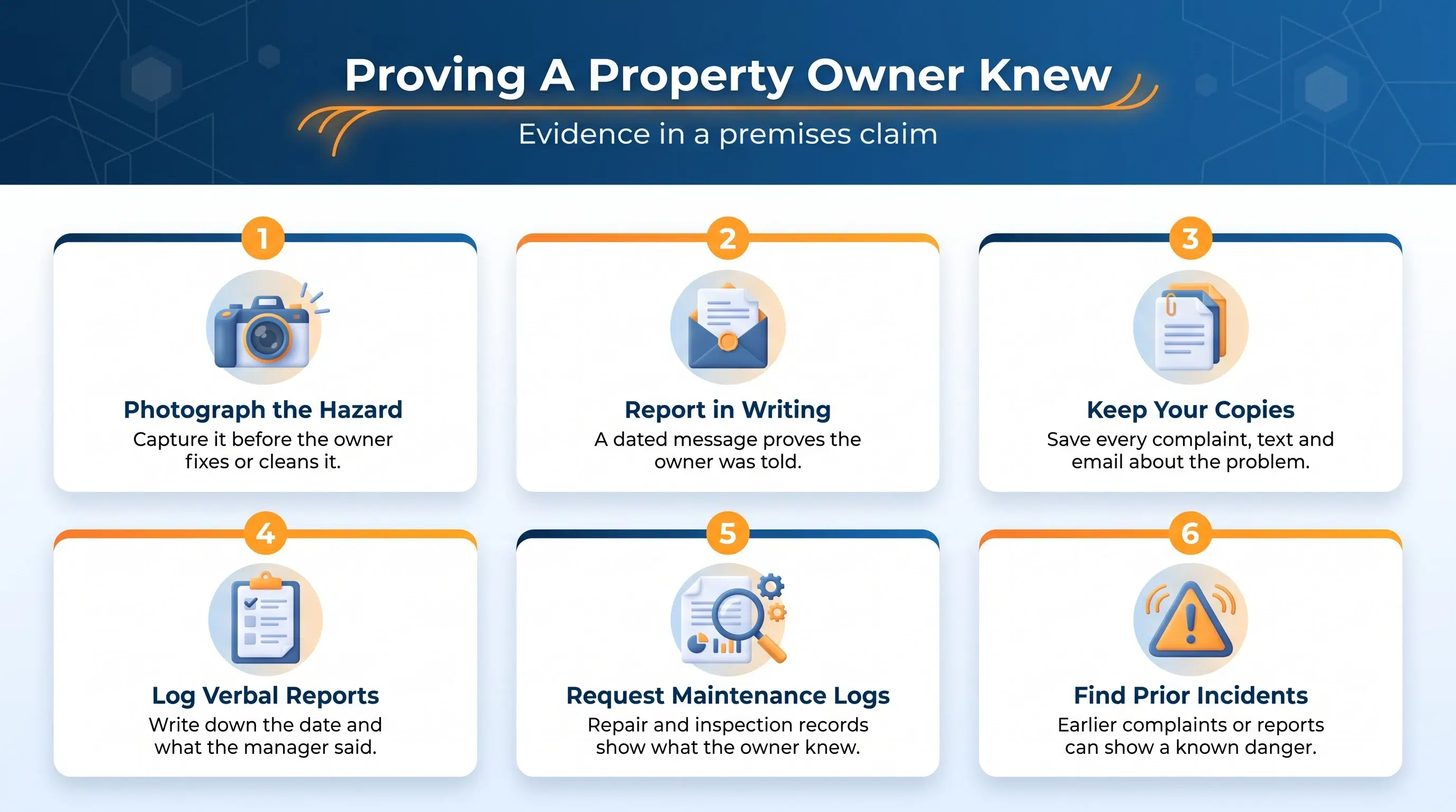 Six ways to prove a property owner knew about a hazard after a fall in Santa Ana, from photos to maintenance logs