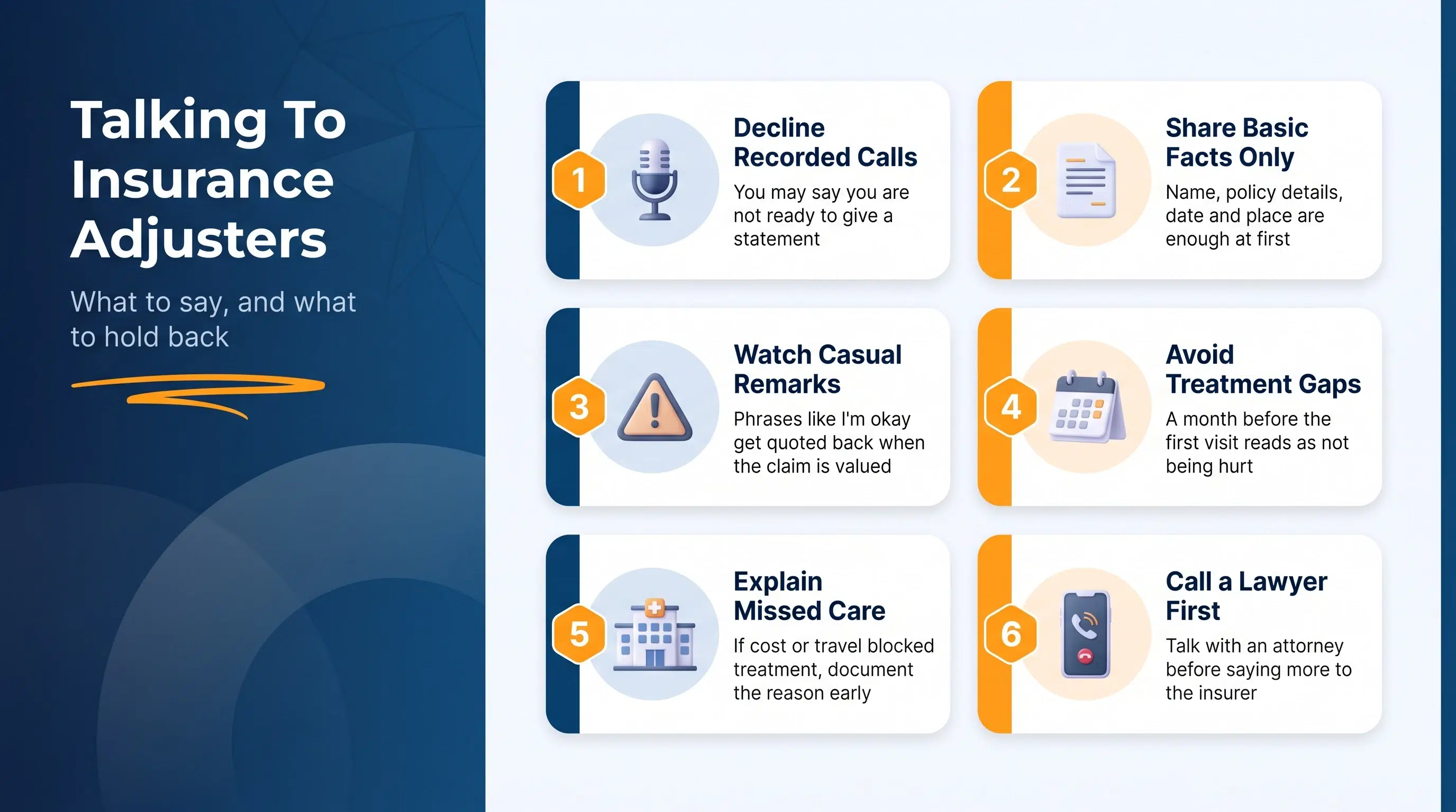 Six tips for handling insurance adjusters after a Santa Ana injury, from declining recorded statements to calling a lawyer