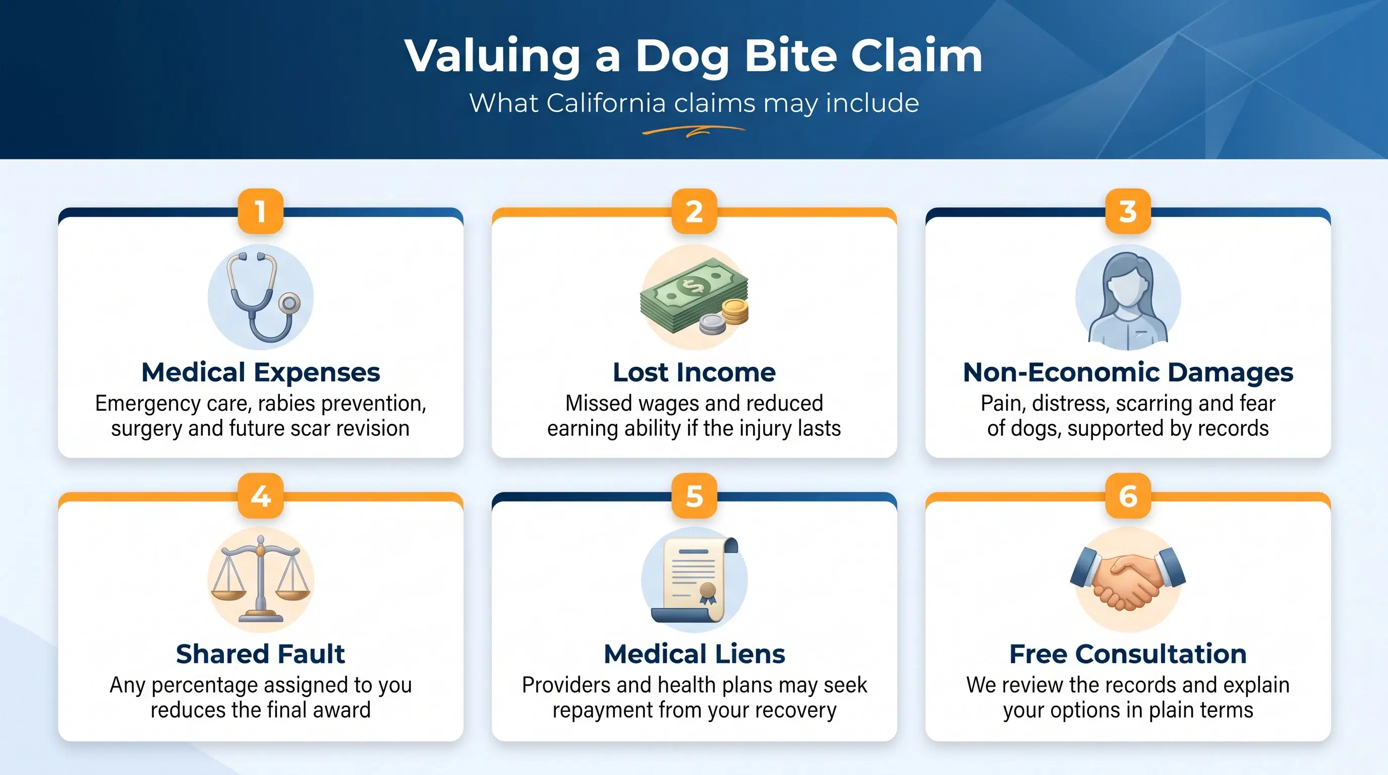 Six parts of a California dog bite claim, from medical expenses to liens
