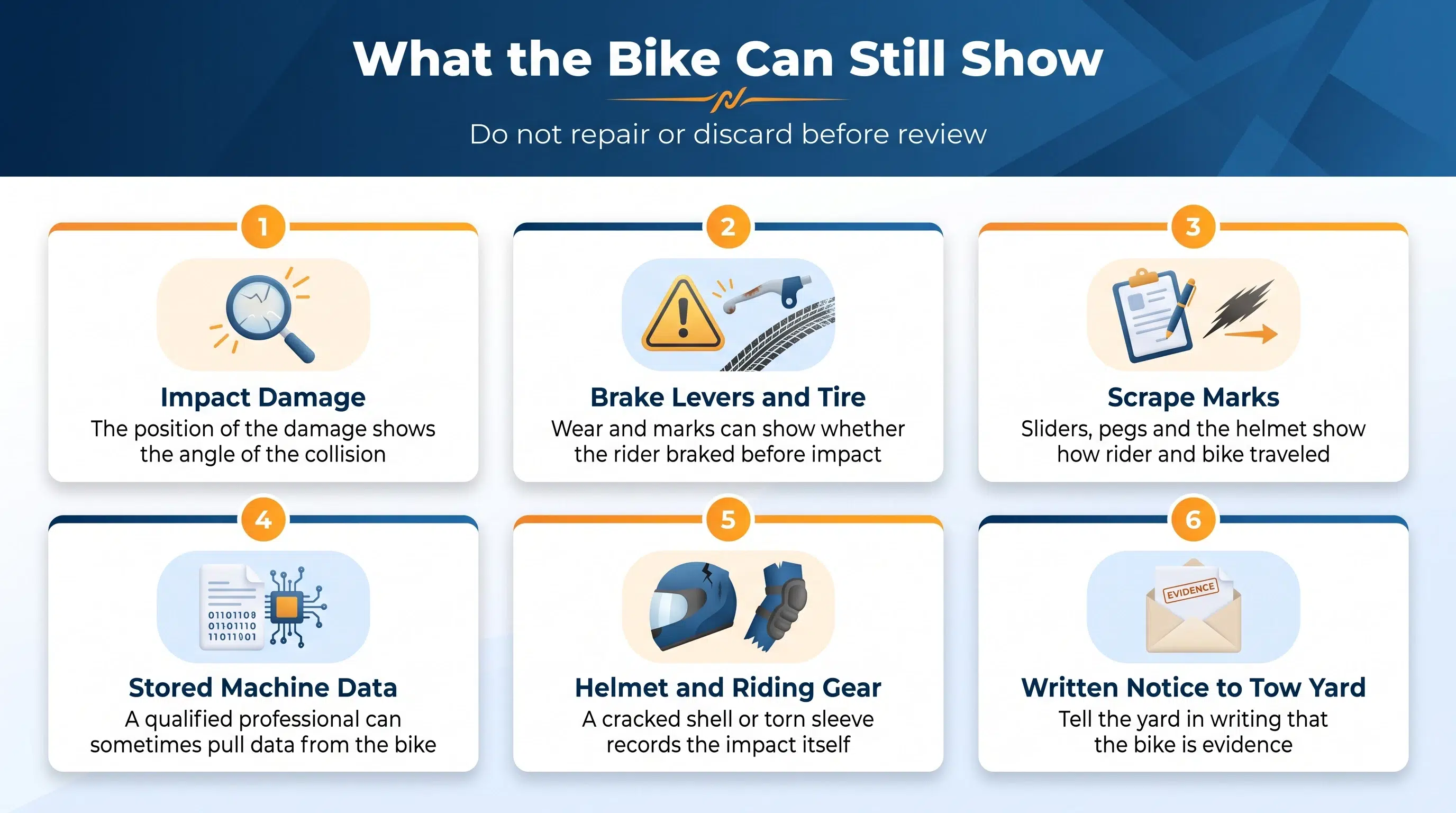 Six things a wrecked motorcycle and riding gear can show about a Joliet crash, from impact damage to a written tow notice