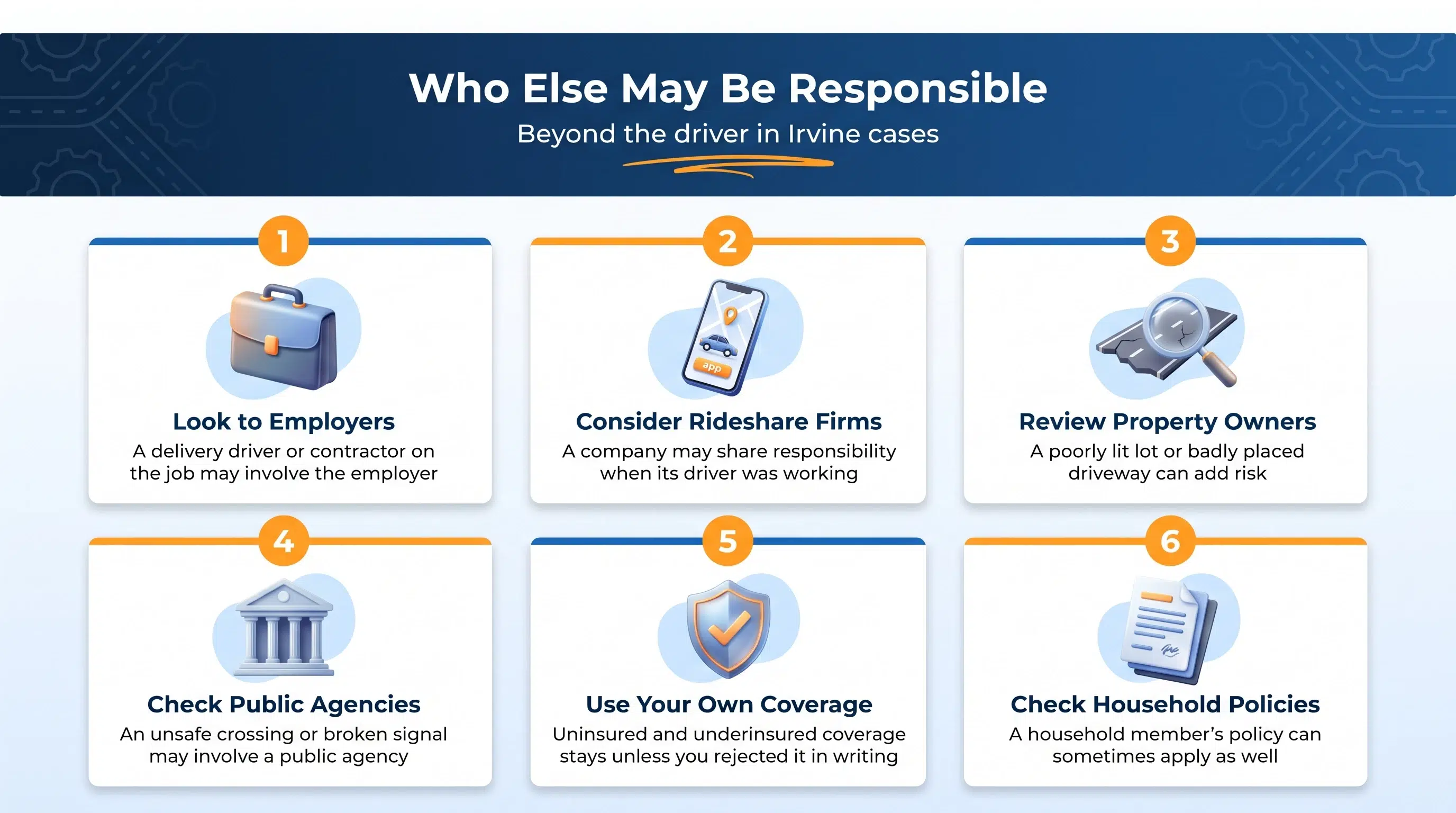 Six parties besides the driver who may be responsible in an Irvine pedestrian case, from employers to public agencies