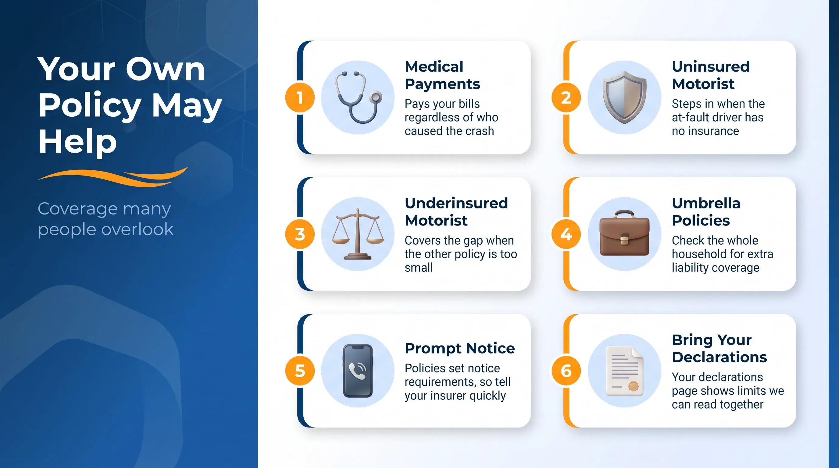 Coverage Pasadena injury victims overlook: medical payments, uninsured and underinsured motorist, umbrella policies, prompt notice