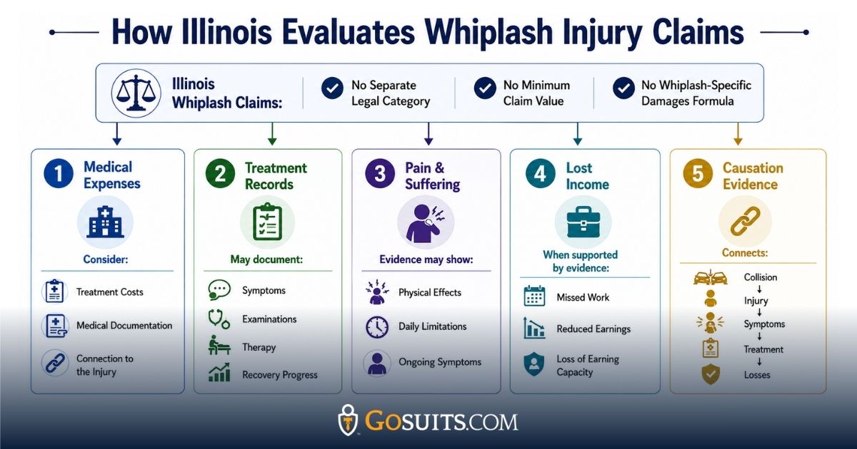 Infographic showing how Illinois evaluates whiplash injury claims based on medical expenses, treatment records, pain and suffering, lost income, and causation evidence.