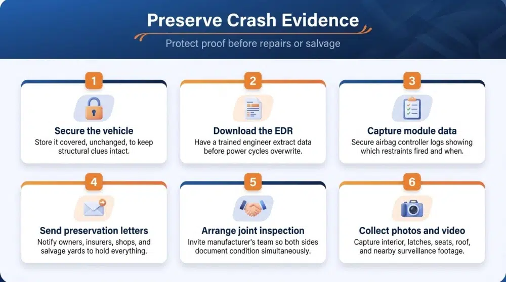 Preserve Crash Evidence infographic — Protect proof before repairs or salvage