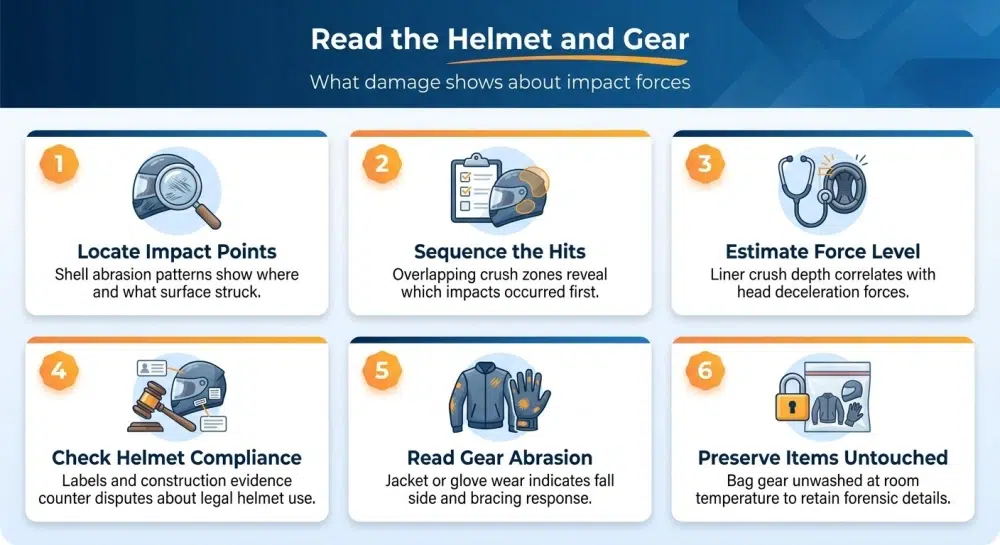 Read the Helmet and Gear — What damage shows about impact forces infographic