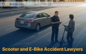 Police officer speaking with a rider beside an electric scooter and a stopped car after a crash - Scooter and E-Bike Accident Lawyers