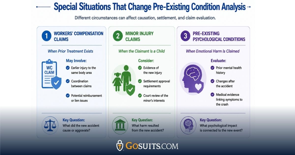 Infographic showing special situations that affect pre-existing condition analysis, including workers’ compensation claims, minor injury claims, and pre-existing psychological conditions in an injury claim.