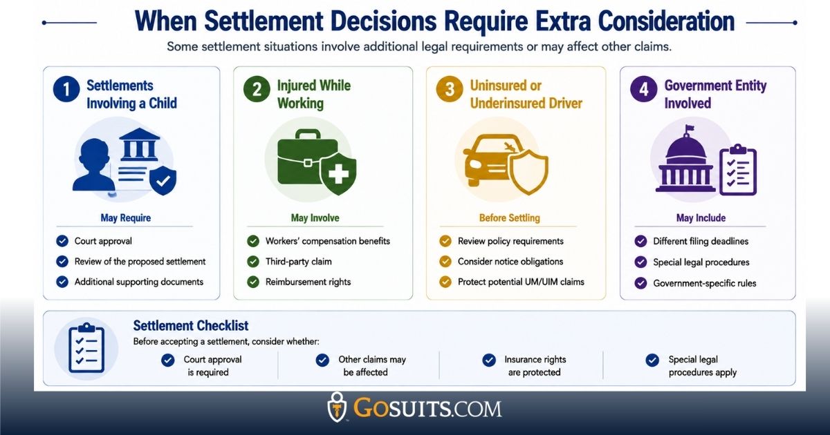 An infographic showing four situations that may require extra consideration before accepting a personal injury settlement, including child claims, workplace injuries, uninsured or underinsured drivers, and government entity claims, with a settlement checklist below.