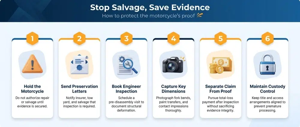 Stop Salvage, Save Evidence — How to protect the motorcycle's proof infographic