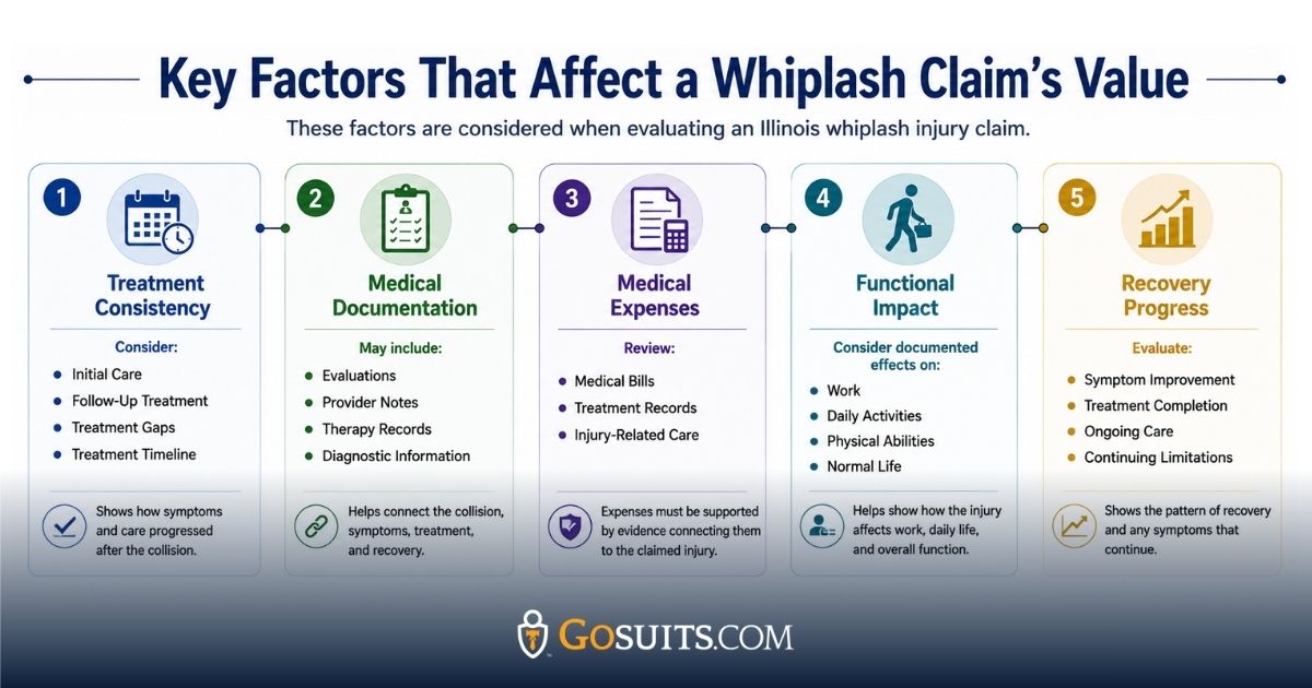 Infographic showing five factors that affect an Illinois whiplash claim’s value, including treatment consistency, medical documentation, medical expenses, functional impact, and recovery progress.