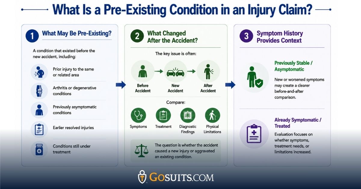 Infographic explaining pre-existing conditions in an injury claim, showing prior conditions, before-and-after accident comparisons, and how symptom history helps evaluate whether an accident caused a new injury or worsened an existing condition.