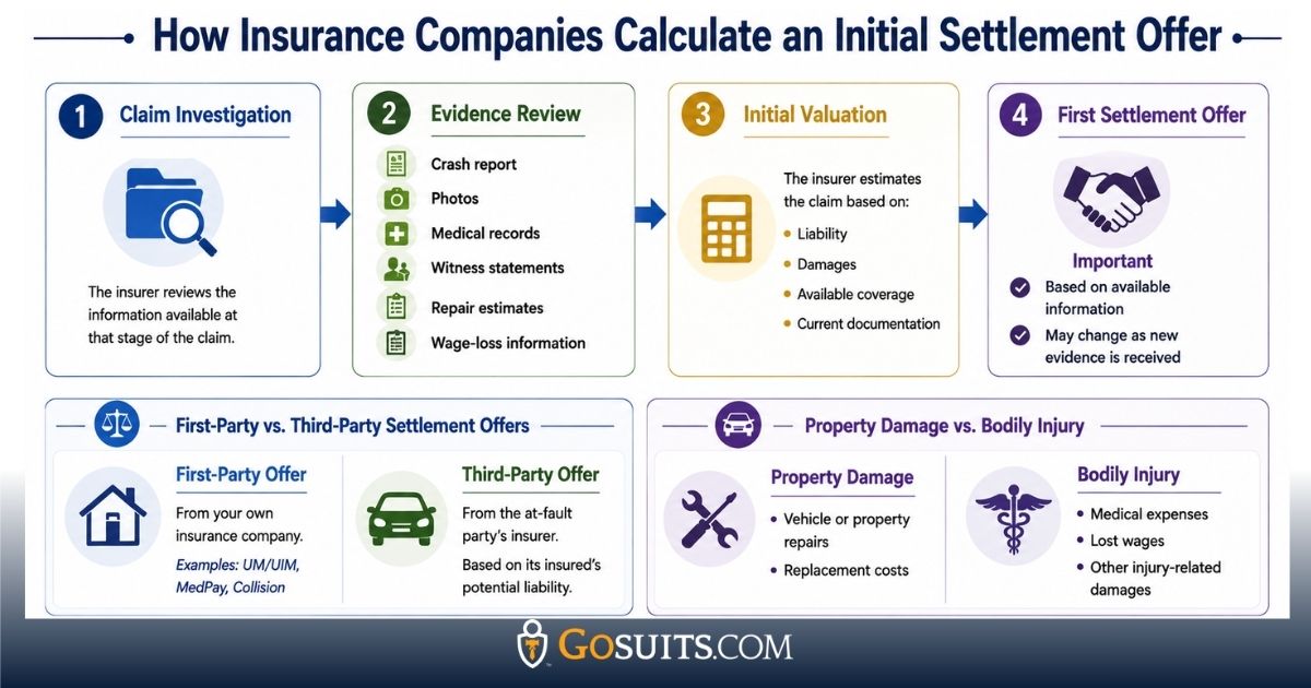 An infographic showing how insurance companies calculate an initial settlement offer, from claim investigation and evidence review to the first settlement offer, with comparisons of first-party vs. third-party claims and property damage vs. bodily injury.