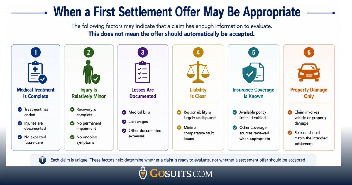 An infographic outlining six factors that may indicate a personal injury claim is ready for an initial settlement evaluation, including completed medical treatment, minor injuries, documented losses, clear liability, known insurance coverage, and property damage only.